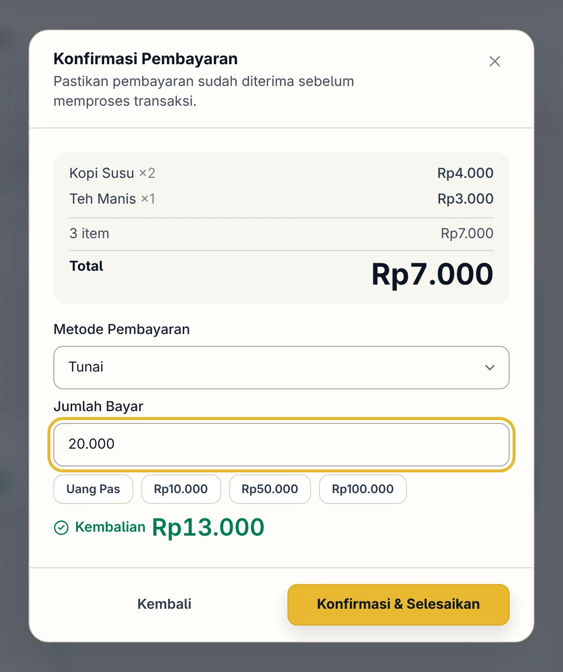 Konfirmasi pembayaran berisi uang yang diterima dan kembaliannya